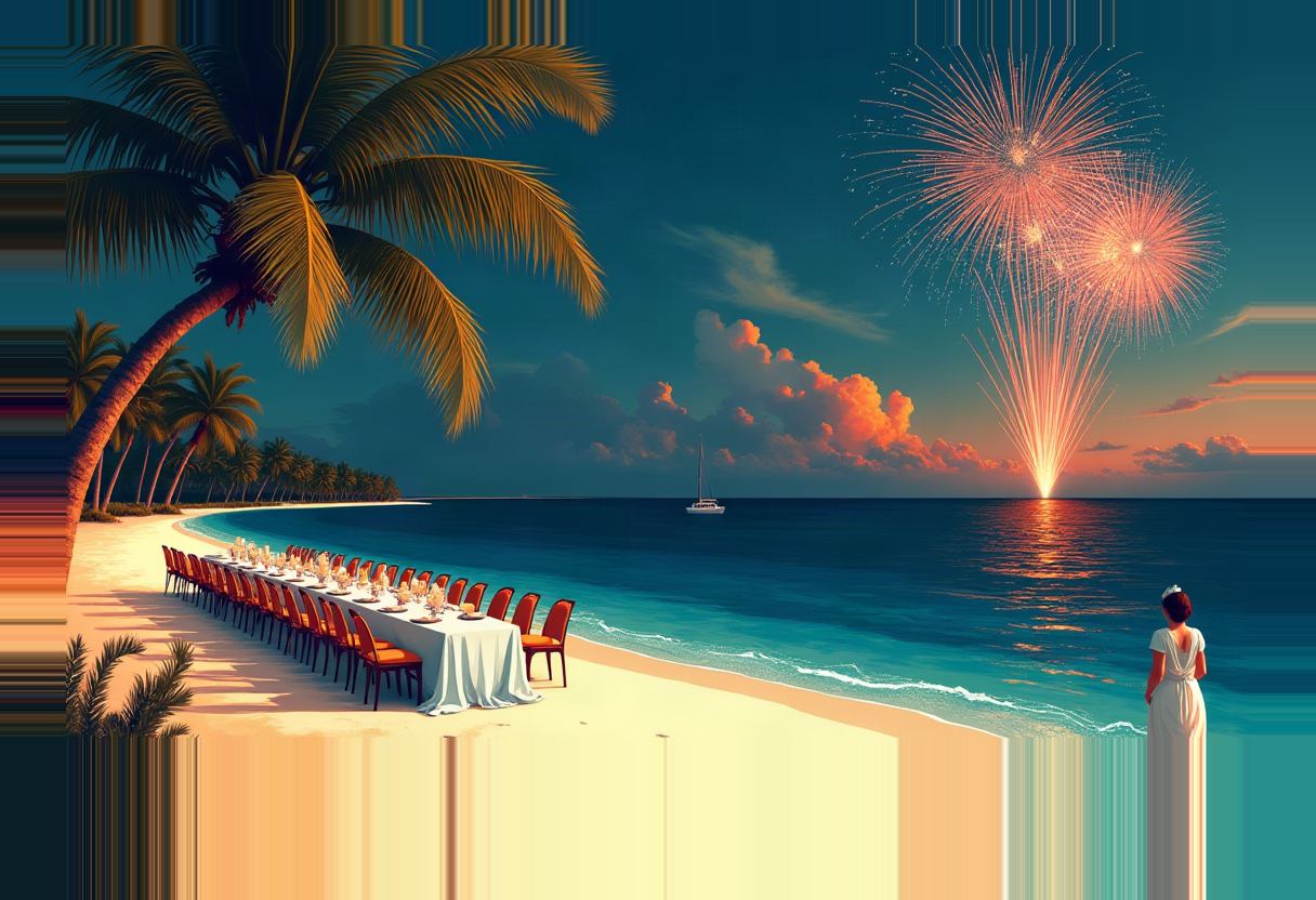 A long beachside table set with white linens and red chairs under palm trees, a woman in white facing the ocean, a sailboat, and fireworks over the water at sunset.