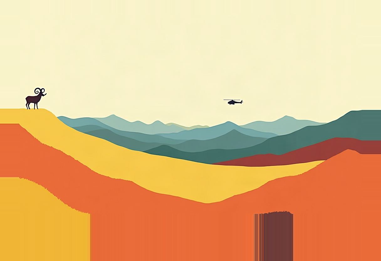 A silhouetted curled-horn ram stands on a ridge at left as a helicopter flies over layered orange, yellow, and blue-green mountain ridges.