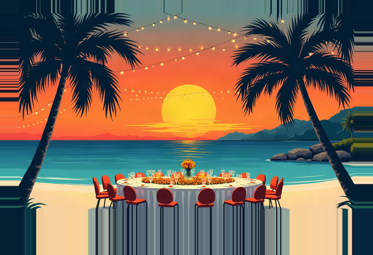 Illustrated beach sunset with two silhouetted palm trees, string lights, and a round table set with red chairs, glassware, and a floral centerpiece on the sand.