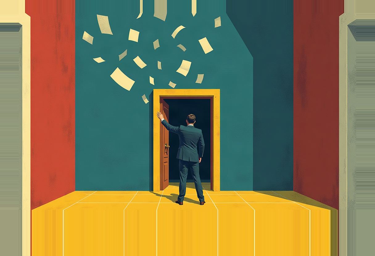 A suited figure seen from behind pushes open a yellow-framed door in a teal wall, as pale rectangular papers swirl upward above the doorway across a yellow-tiled room flanked by red walls.