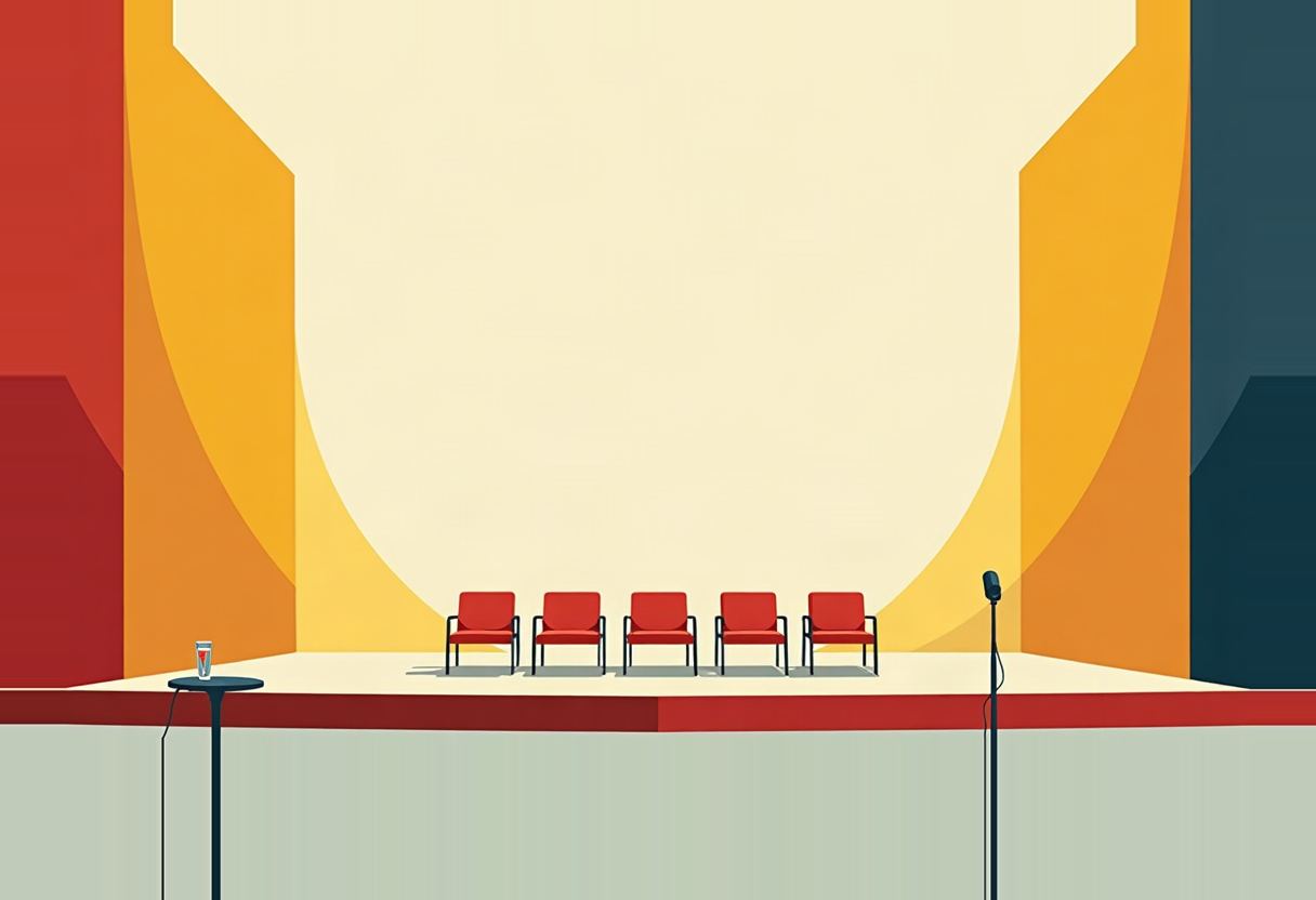 Five empty red chairs on a stage with a glass on a stand and a microphone, framed by a red, orange, and teal arched backdrop.