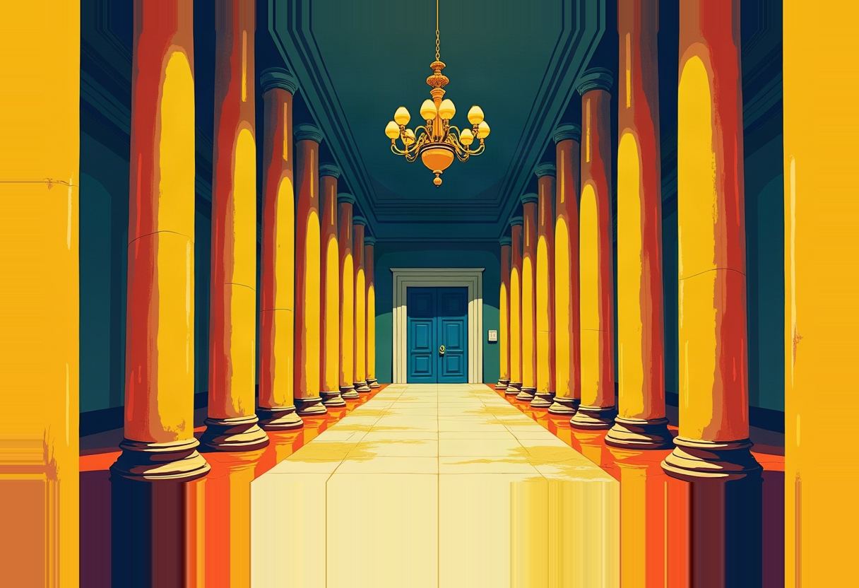 Two rows of tall yellow and red columns line a tiled corridor leading to a closed blue double door, with a brass chandelier hanging from the teal ceiling.