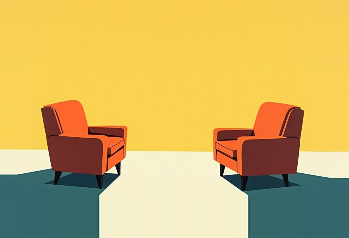 Two empty orange armchairs face each other on separate raised platforms across a gap, against a yellow background.