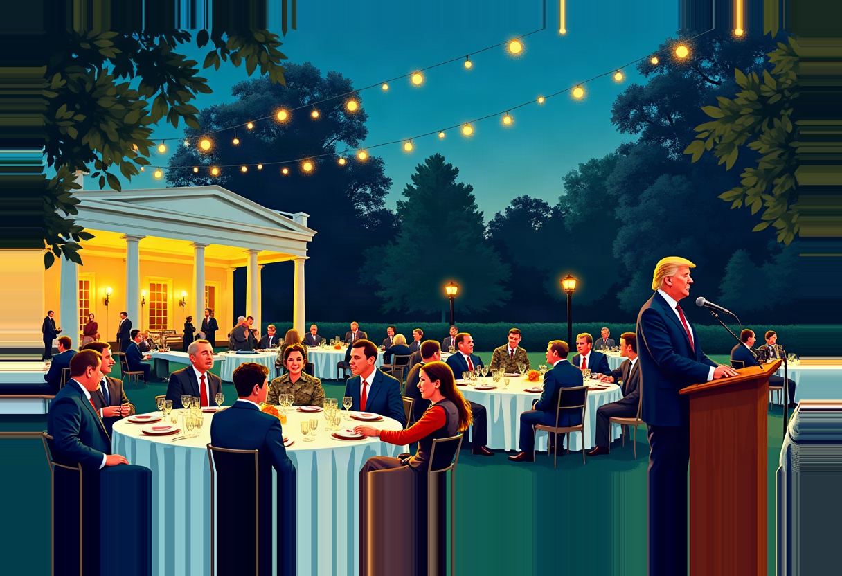Illustration of a man with yellow hair speaking at a podium beside outdoor tables of seated diners under string lights, with a columned building lit up behind them at dusk.