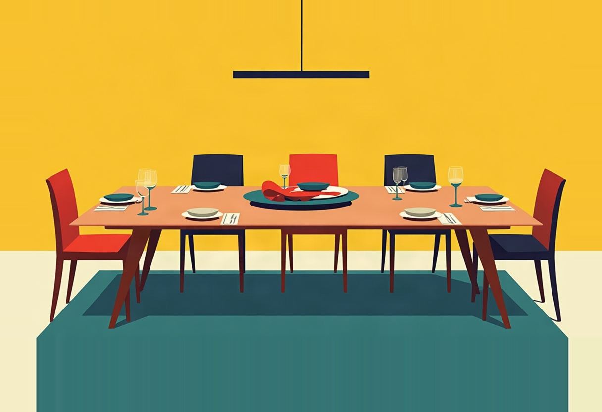 Flat-style illustration of an empty dining table with six place settings and two red and three navy chairs, set against a yellow wall and teal floor.
