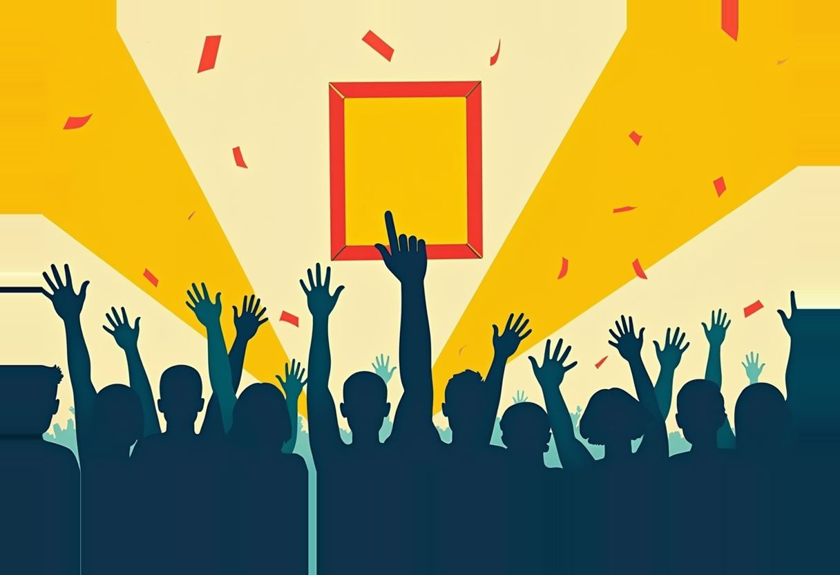 Silhouetted crowd with raised hands and one pointing finger beneath an empty red-bordered rectangular frame, orange spotlight beams and red confetti against a cream background.