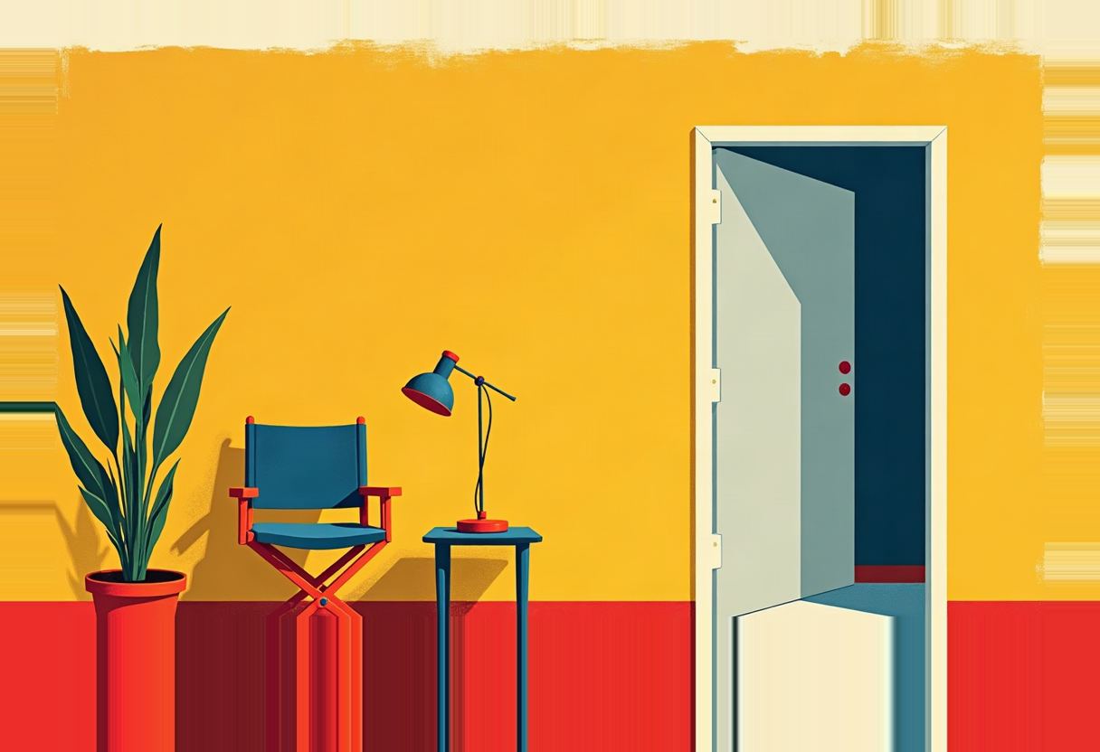 Illustration of a potted plant, folding chair, and desk lamp on a small table against a yellow and red wall, beside an open door revealing a dark room.