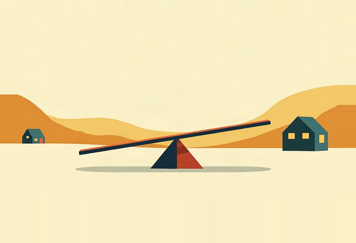A tilted navy-and-red seesaw on a triangular fulcrum sits between a small teal house on the left and a larger teal house on the right, with orange hills and a cream sky behind.