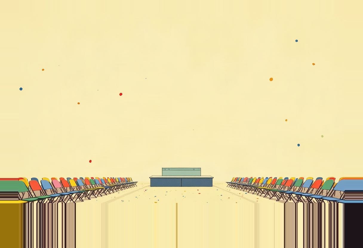 Empty folding chairs in two rows flank a center aisle leading to a low podium, under a pale yellow sky with scattered colored dots and confetti.