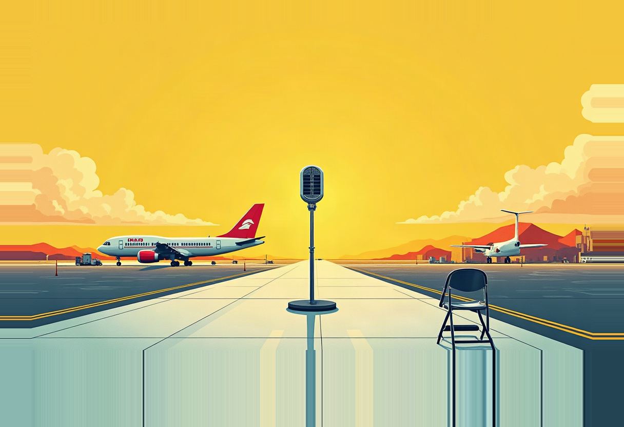A standalone microphone and an empty folding chair on an airport tarmac, with two jets parked under a solid yellow-orange sky.