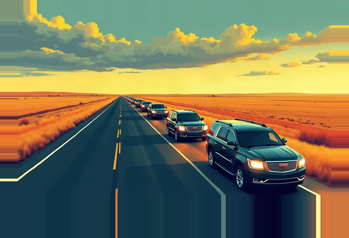 A line of black SUVs with headlights on drives down a two-lane highway through flat orange grassland under a yellow-green sky with clouds.