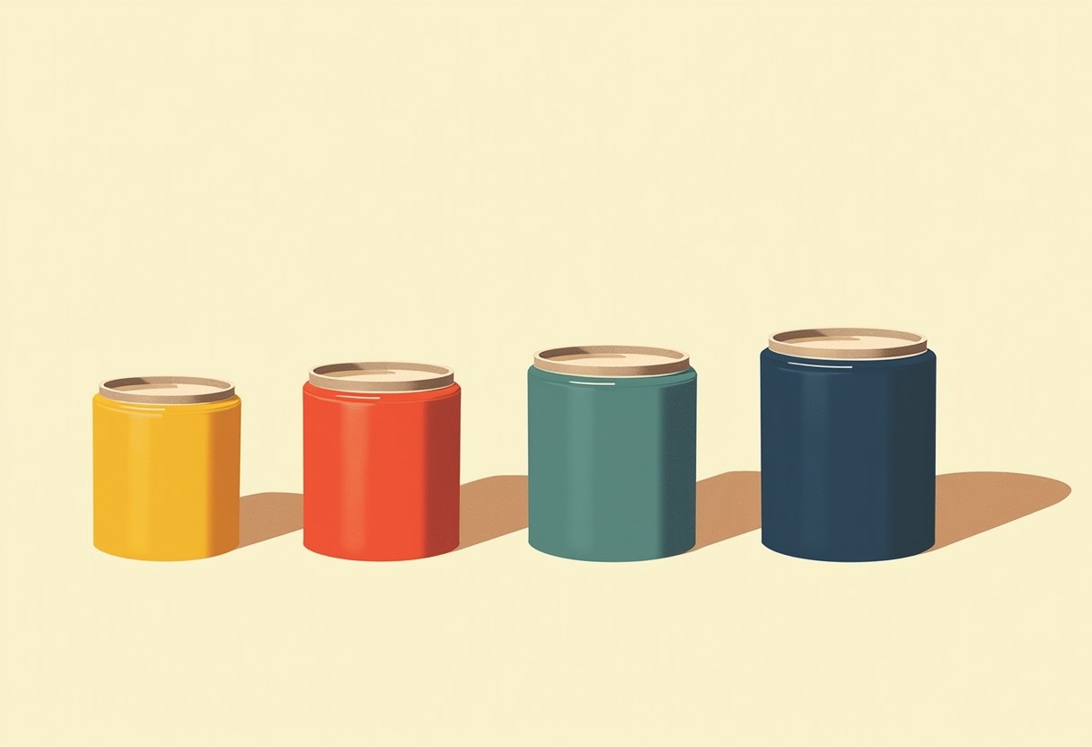 Four cylindrical lidded jars in a row, increasing in height left to right: yellow, red-orange, teal, and navy, on a pale yellow background.
