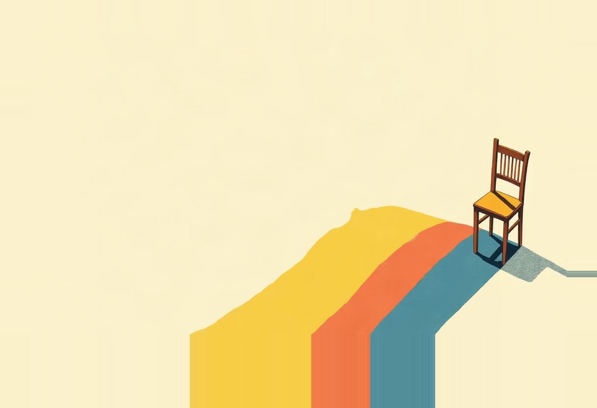 A single empty wooden chair sits on a cream background where three diagonal stripes of yellow, orange, and blue converge like a path leading to it.