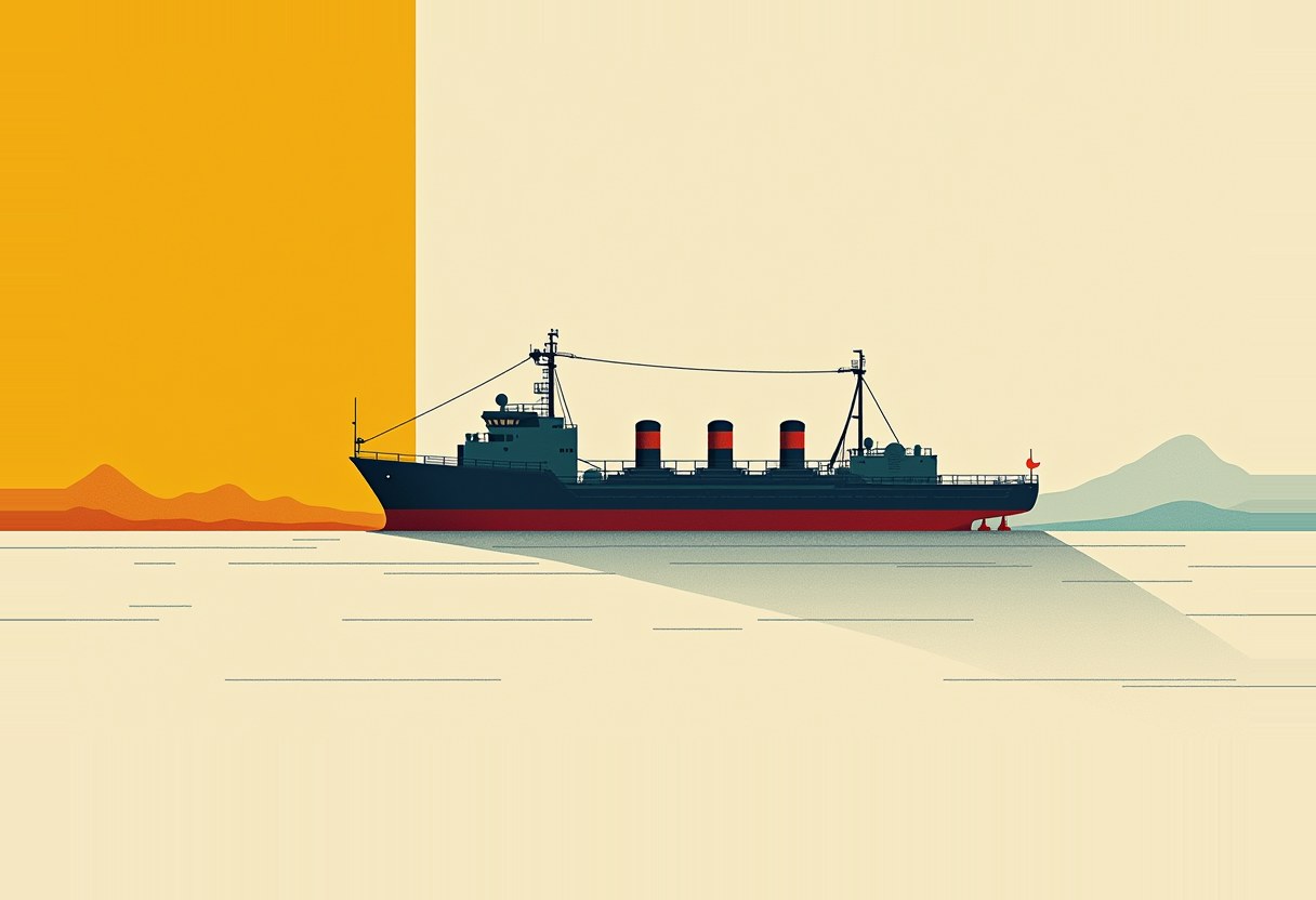 Flat illustration of a dark blue-and-red ship with three smokestacks on cream water, an orange block and orange hills on the left, pale teal hills on the right.