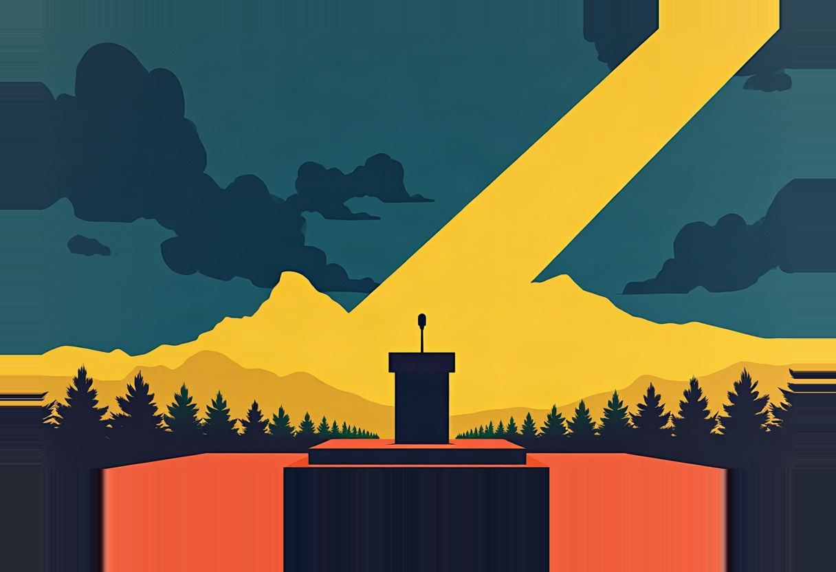 A dark lectern with a microphone stands on a red-orange platform before silhouetted pine trees and mountains, under a teal sky split by a diagonal yellow beam of light.