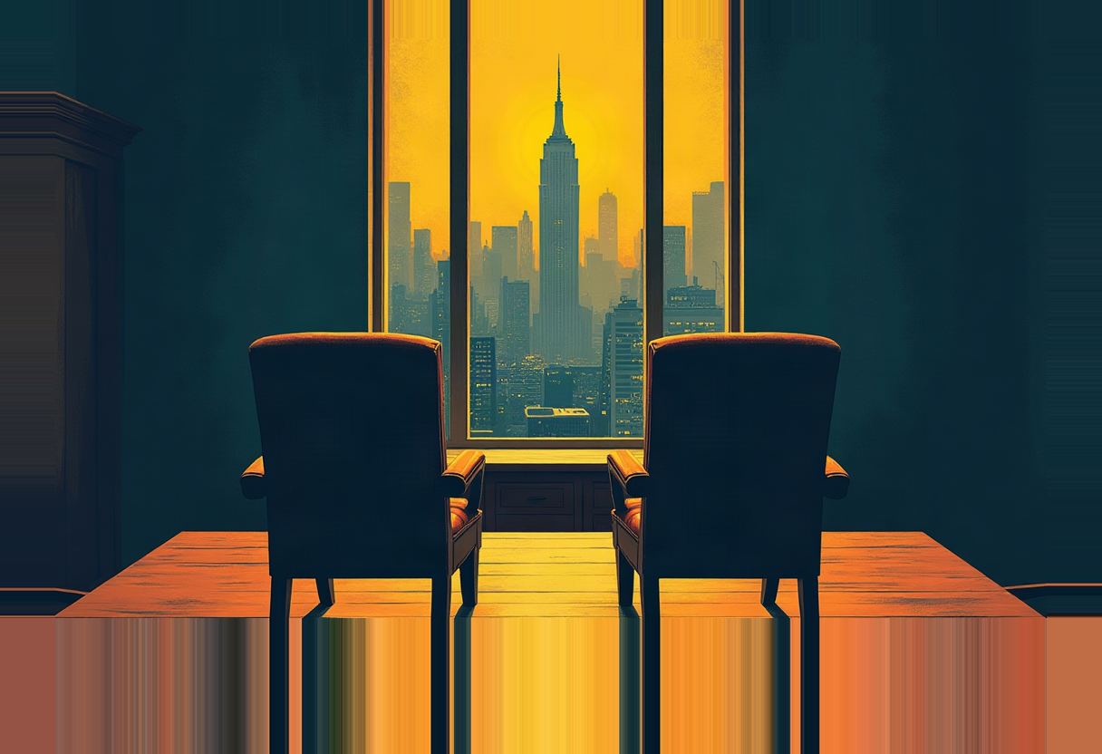 Two empty armchairs face a tall window with a city skyline and spire silhouetted against a glowing yellow sky.