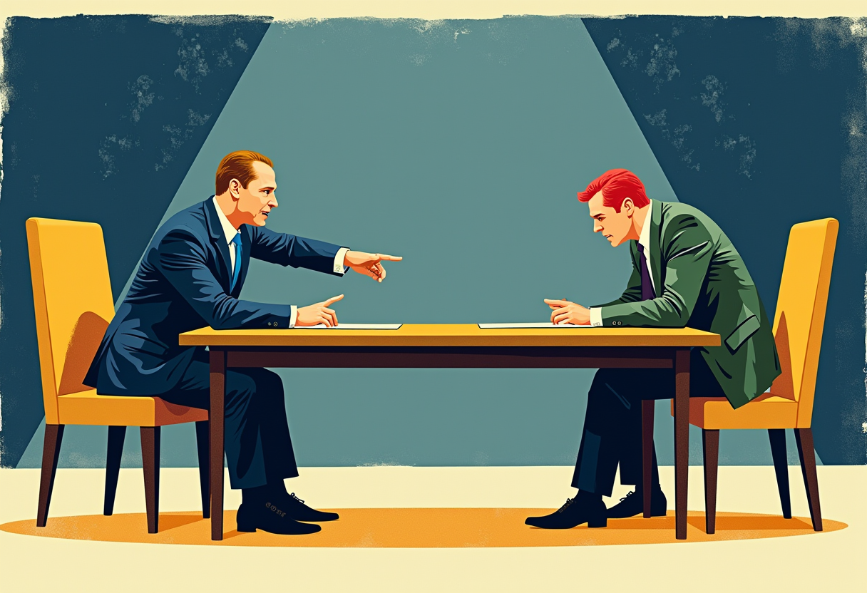 Two figures at a negotiating table in cold blue-gray light, one leaning back dismissively and one leaning forward urgently with empty chairs between them
