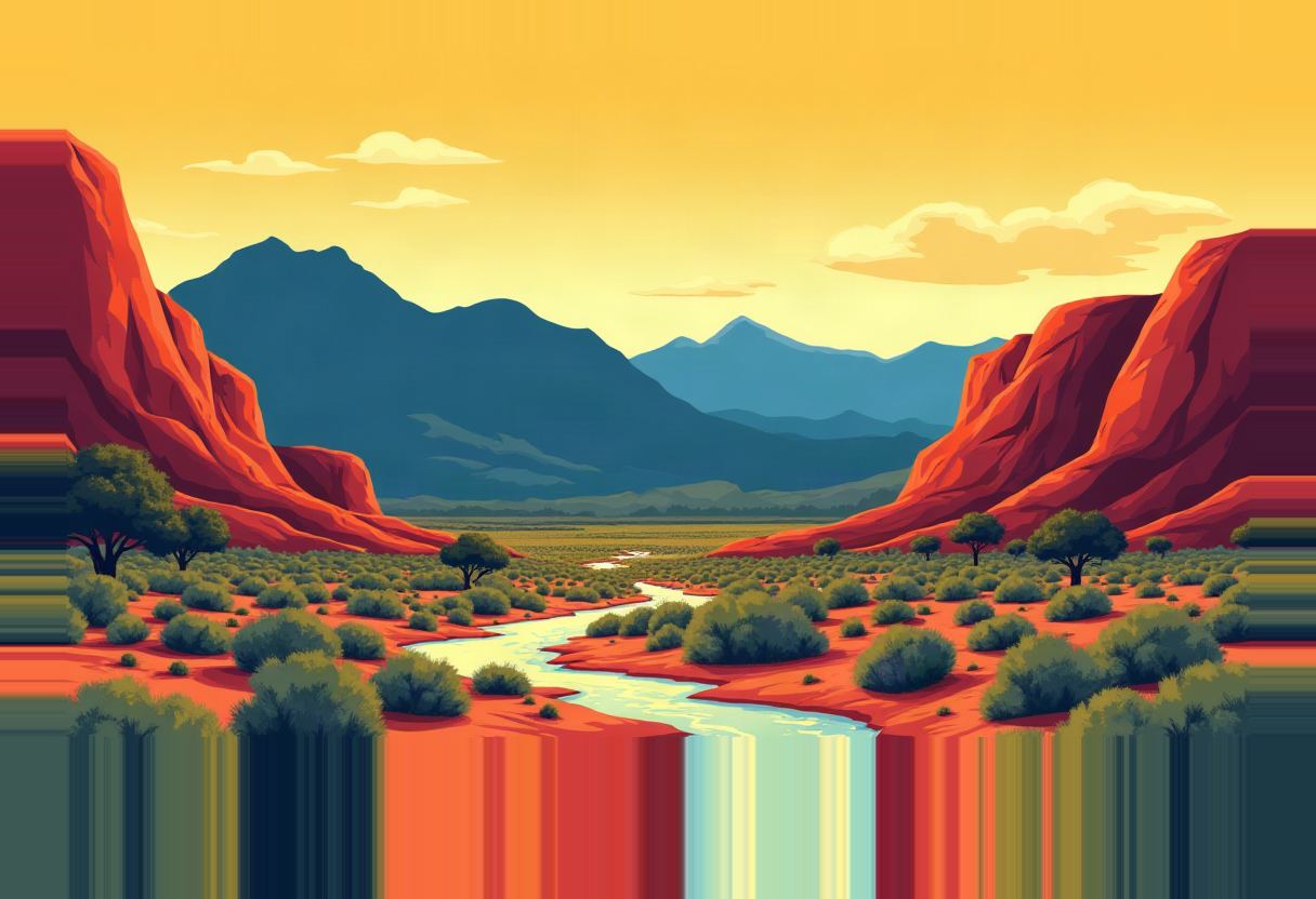 Illustrated desert canyon with red rock cliffs, a river winding through green scrubland toward blue mountains under a yellow sky, cut off by horizontal glitch bands near the bottom.