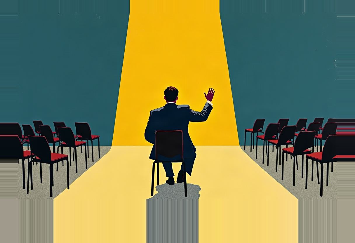 Illustration of a man in a dark suit seen from behind, seated on a chair with one hand raised, facing a yellow beam of light flanked by empty red chairs on teal walls.