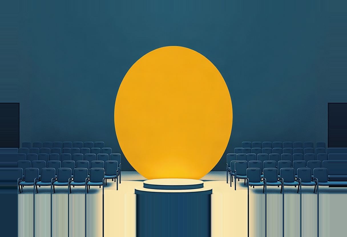 A large glowing yellow oval stands on a round podium facing empty rows of blue chairs in an otherwise empty blue-toned hall.