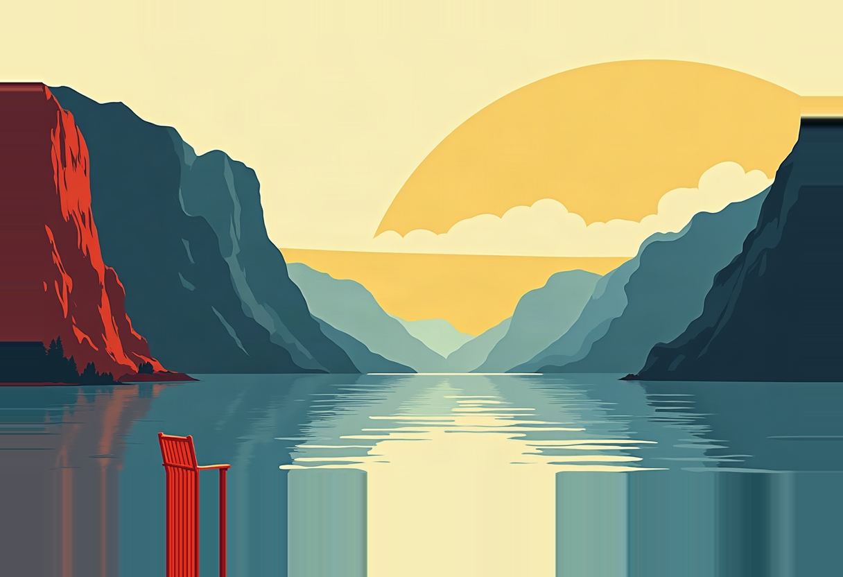Stylized fjord landscape with blue-gray mountains, a reddish-orange cliff on the left, a yellow sun low in a pale sky, and an empty red chair at the water's edge.
