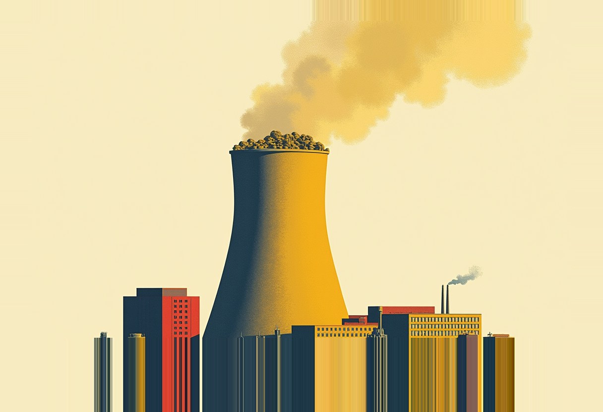 A yellow-gold nuclear cooling tower with piled coins spilling from its rim and yellow smoke rising, standing behind a row of dark blue city buildings, one red-fronted, against a pale cream background.