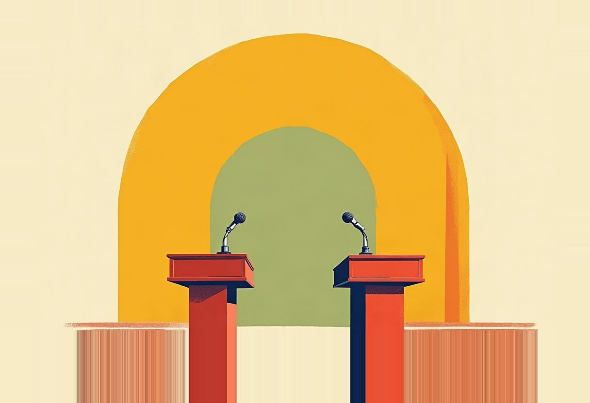 Two empty red podiums with microphones face each other on a divided tan floor, set against a yellow arch nested inside a larger yellow arch on a cream background.