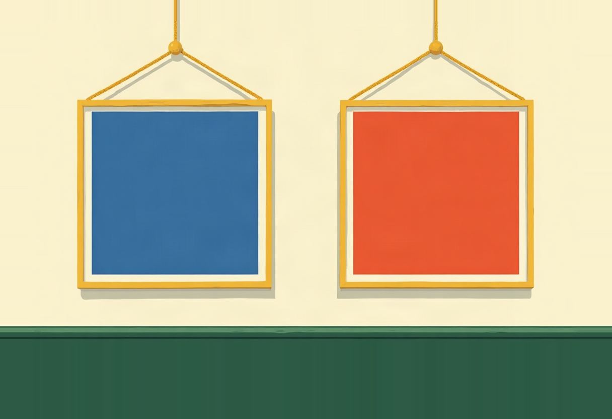 Two gold-framed pictures hang from ropes on a pale yellow wall above a dark green wainscot, one frame filled with solid blue, the other with solid orange-red.