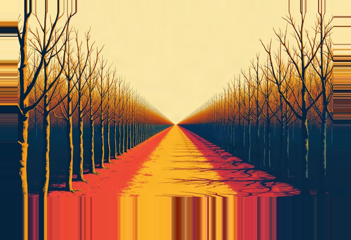 Two rows of bare trees with orange-tinted branches line a red-and-yellow path receding to a vanishing point under a pale yellow sky.