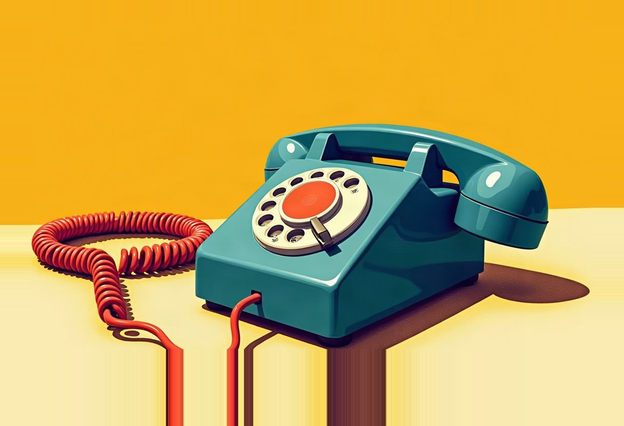 Illustration of a teal rotary telephone with a coiled red cord on a yellow surface against an orange background, its handset off the hook.