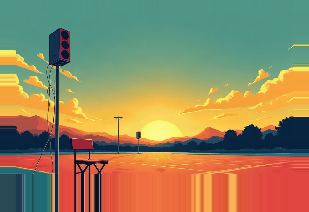 Illustration of an empty orange parking lot with a traffic-light pole, a small desk and chair, and a glitch-streaked sunset over distant mountains.