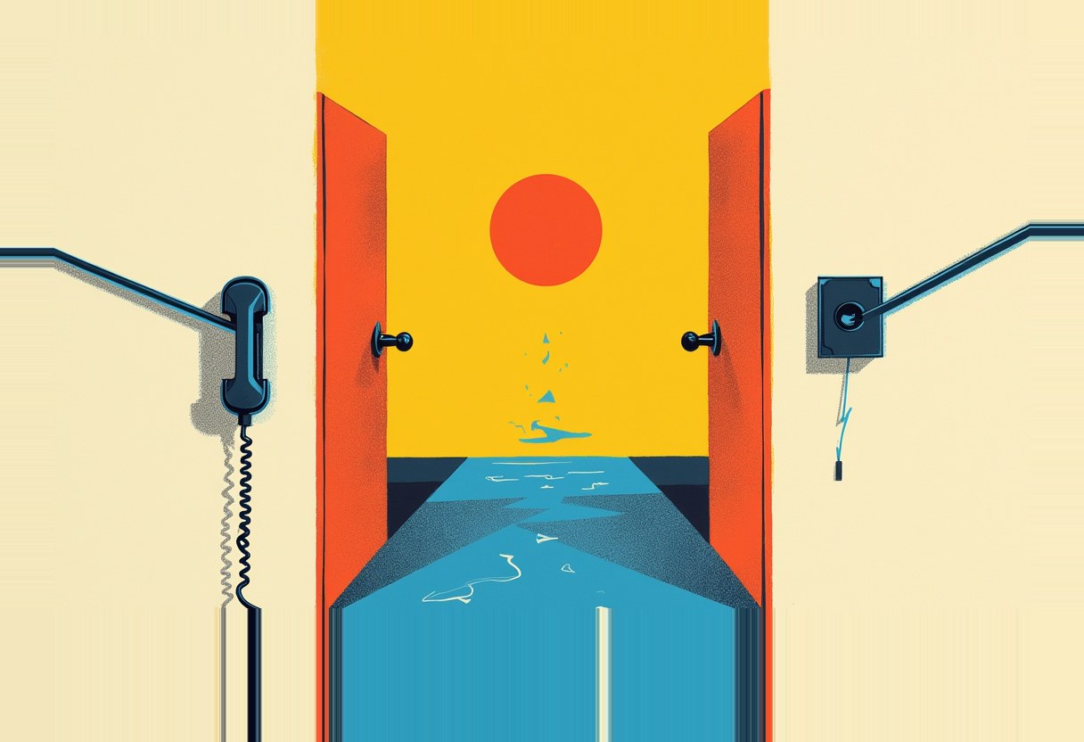Two orange doors open onto a strait of blue water below an orange sun on a yellow wall, flanked by a wired telephone on the left wall and a security camera on the right.
