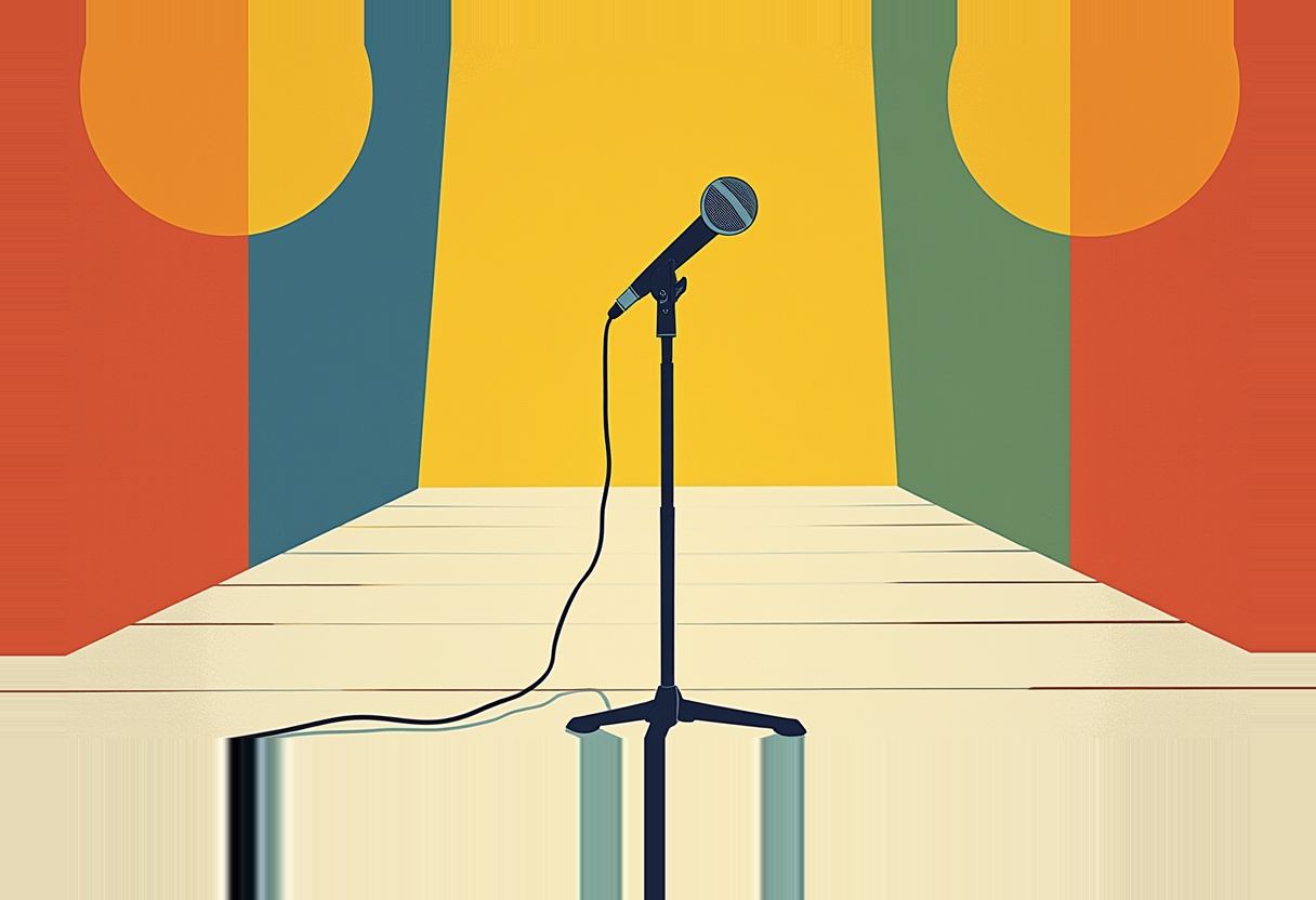 An empty stage with a single angled microphone on a stand, a tan plank floor, and flanking orange, blue, yellow, and green curtain panels.