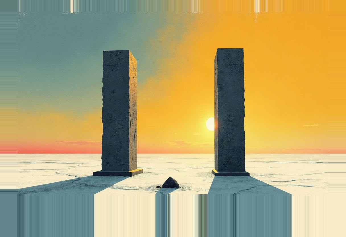 Two tall grey stone monoliths stand on a cracked pale ground with a small dark rock between them, under a sky shifting from teal to orange around a low sun.