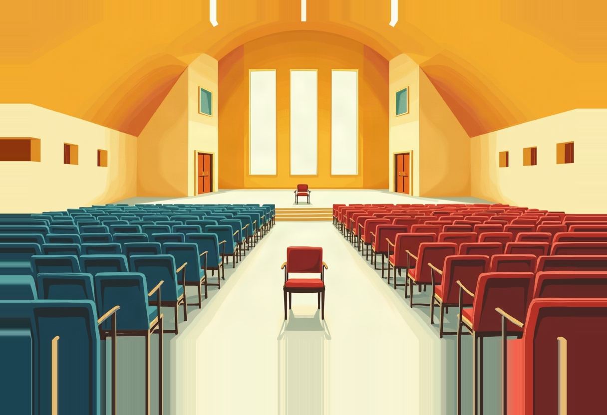 Empty illustrated hall with a block of blue chairs on the left and red chairs on the right, a single red chair alone in the center aisle, facing an empty chair on a small stage.
