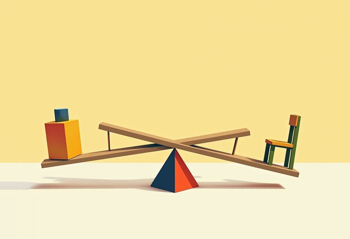 Two wooden planks cross in an X over a triangular pivot, one end holding stacked orange and blue blocks, the other a green chair, against a yellow background.