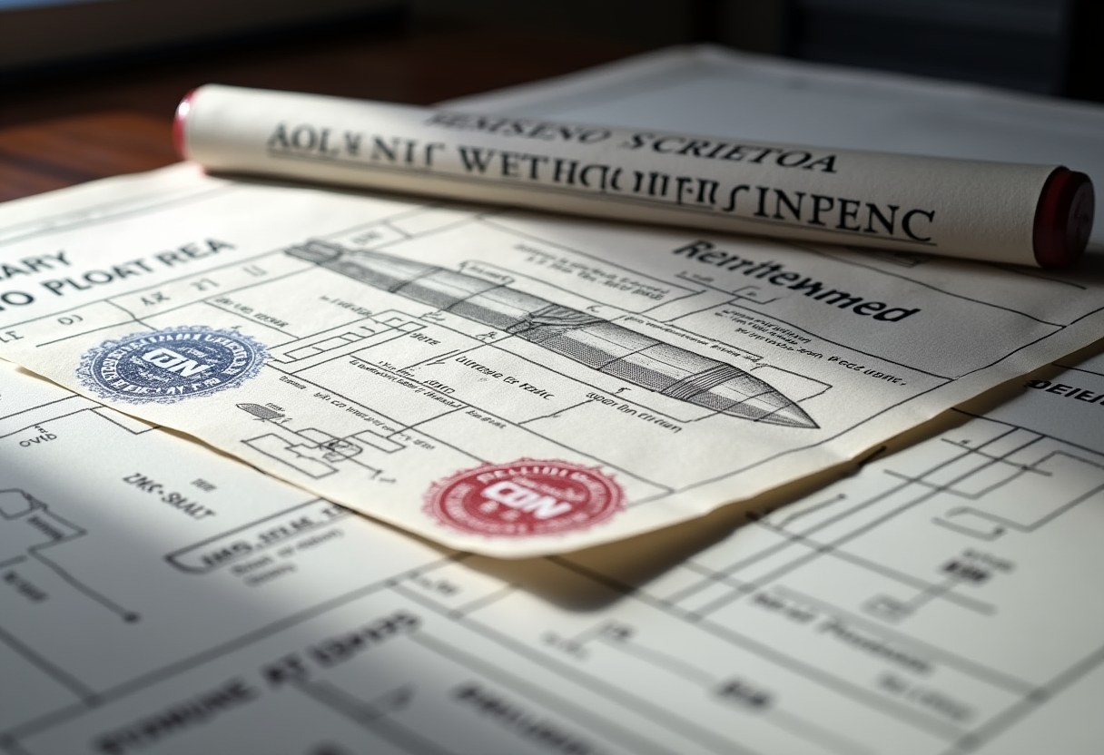 A government license form on a desk, a missile blueprint folded into it, one corner stamped with a grant seal and the opposite corner stamped with a withdrawn seal, two rubber stamps overlapping, risograph