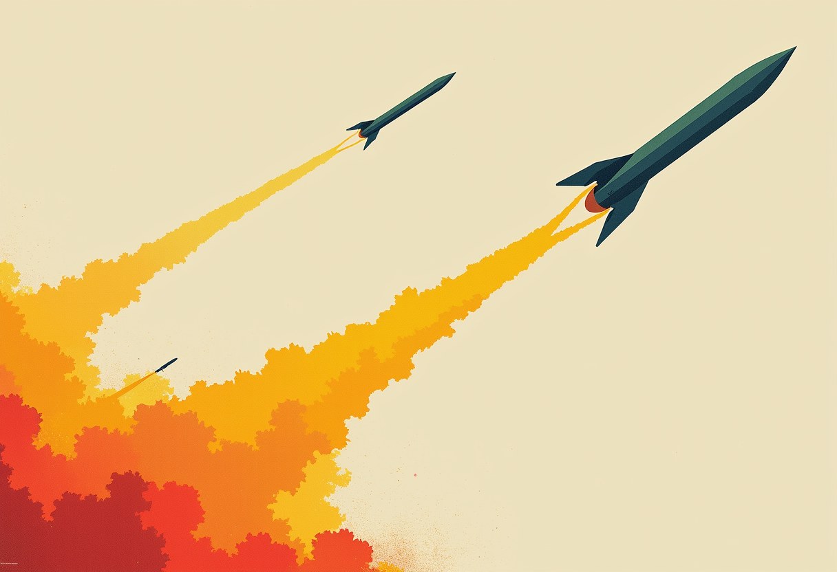Two dark green missiles trail yellow-orange exhaust as they ascend across a cream sky above billowing red-orange smoke clouds in the lower left corner.