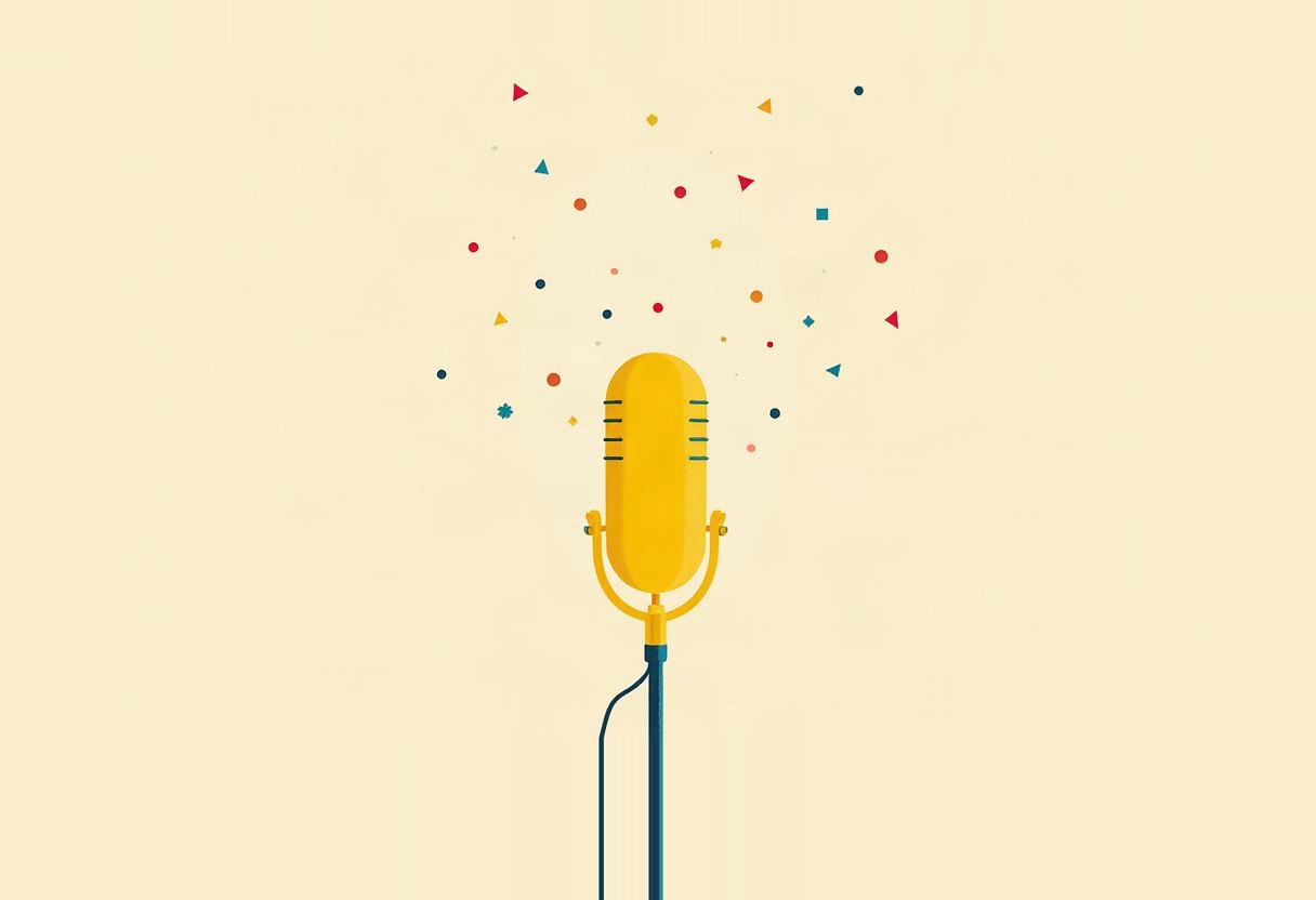 A yellow retro microphone on a teal stand against a cream background, with colorful confetti shapes scattered above it.