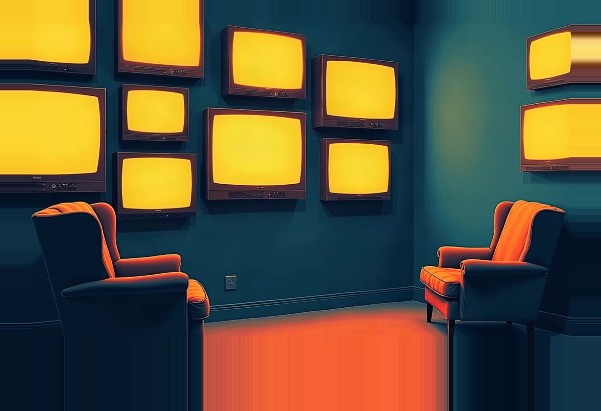 Rows of old television sets with glowing blank yellow screens mounted on a dark teal wall above two empty orange wingback armchairs.