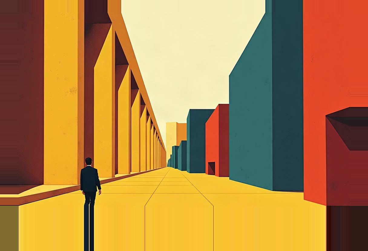 A lone figure in a dark suit walks down a yellow pathway flanked by tall geometric buildings in teal, orange, red, and yellow under a pale sky.