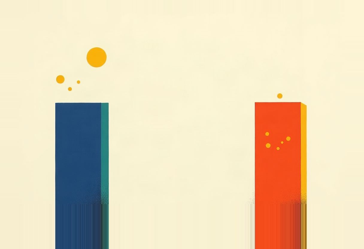 Two tall rectangular towers, one navy blue with a teal edge and one orange with a yellow edge, stand apart on a cream background with scattered small orange dots floating above and on them.