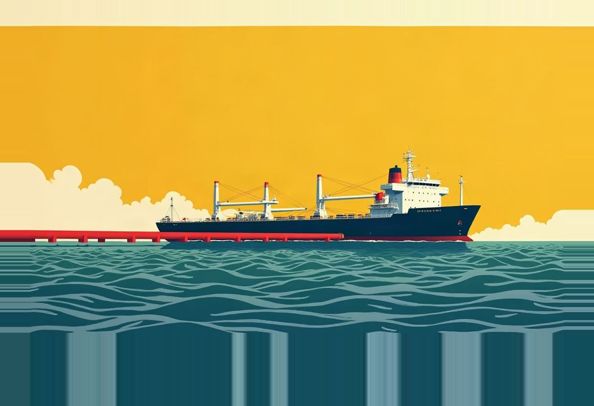 A dark cargo ship with cranes and a red hull floats on teal water under a solid yellow sky with cream-colored clouds.