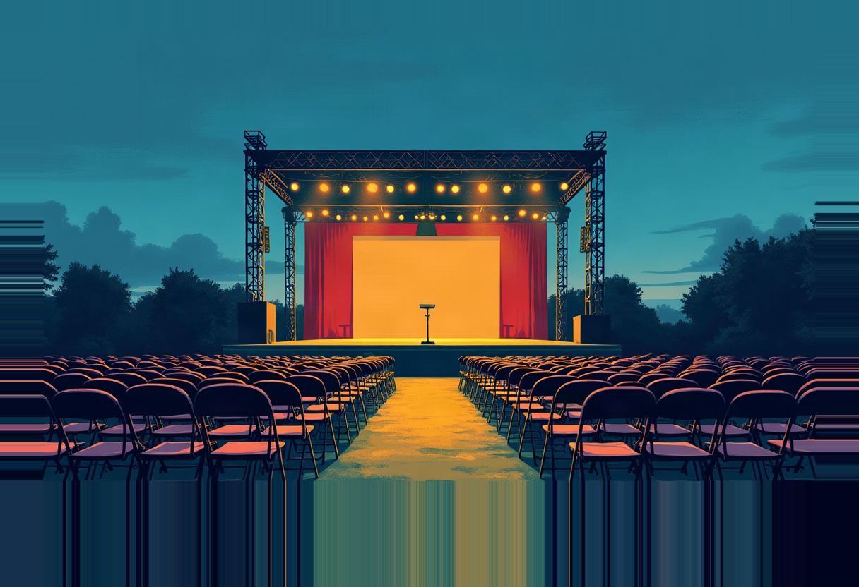An empty outdoor stage with a lit yellow backdrop, red curtains, truss lighting rig, and a single microphone, facing rows of vacant folding chairs at dusk.
