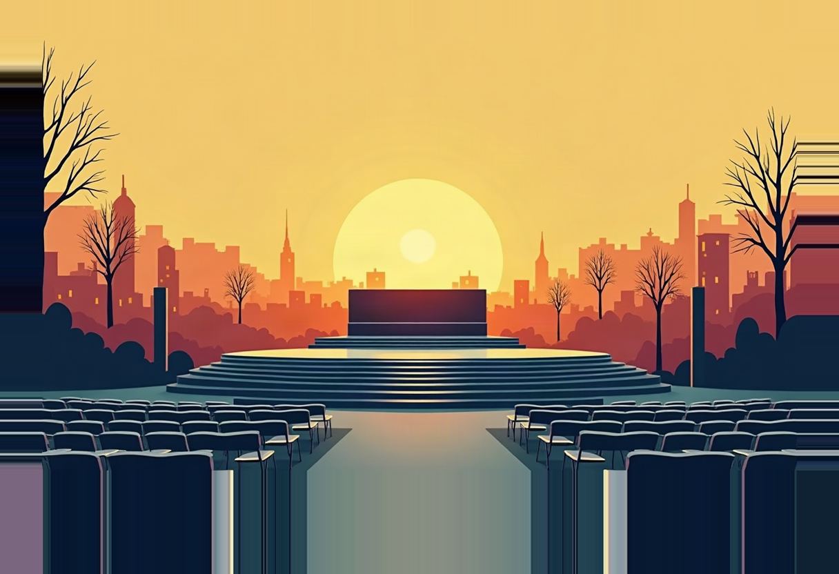 Illustrated empty outdoor stage with a raised platform and steps, flanked by bare trees and rows of empty chairs, set against a city skyline silhouette and a large setting sun.