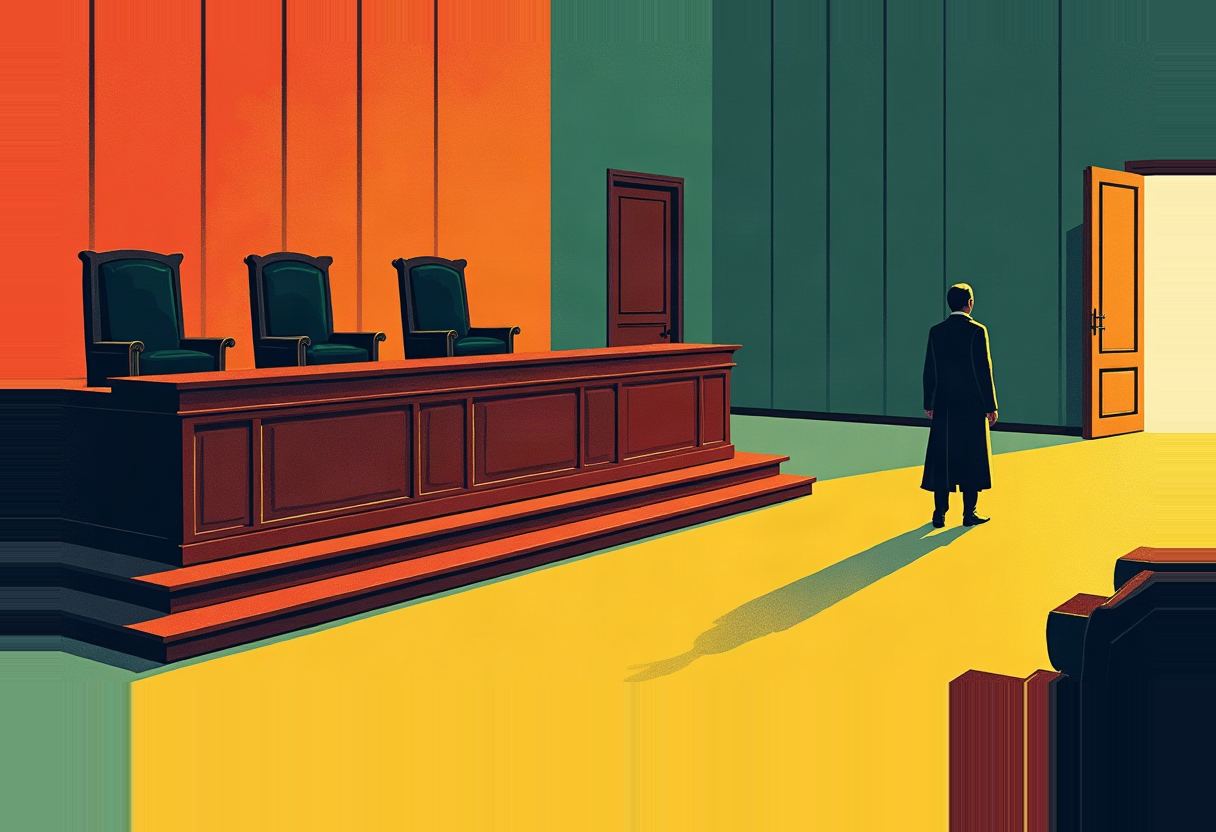 A silhouetted man in a long coat stands beside an open door, facing three empty dark green chairs behind a raised wooden bench in an orange-and-green room.