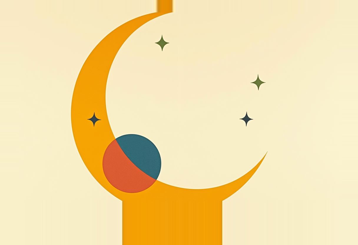 An orange crescent moon on a pale yellow background, mounted on an orange pole, with a small red-and-blue circle and three star shapes nearby.