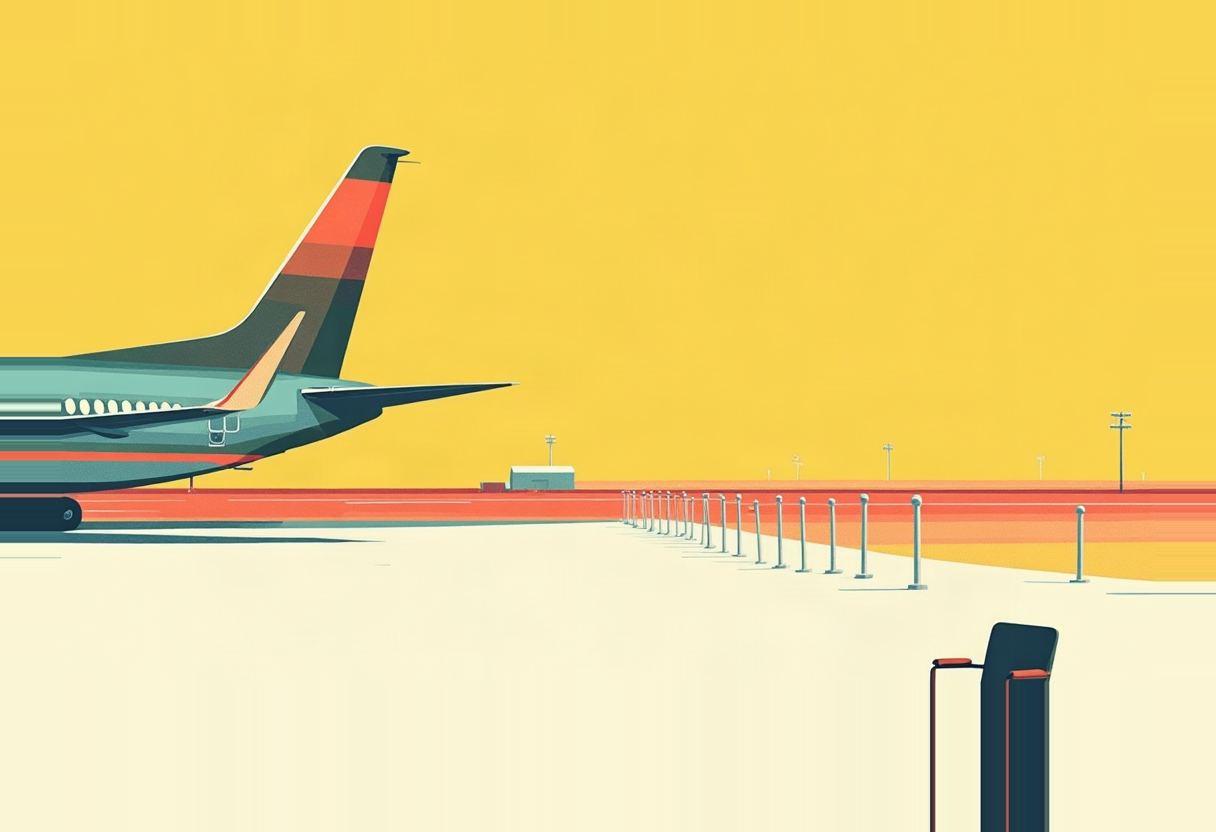 Illustration of a plane's tail and rear fuselage on a tarmac under a yellow sky, with a row of bollards, a small building, and a dark microphone stand in the foreground.