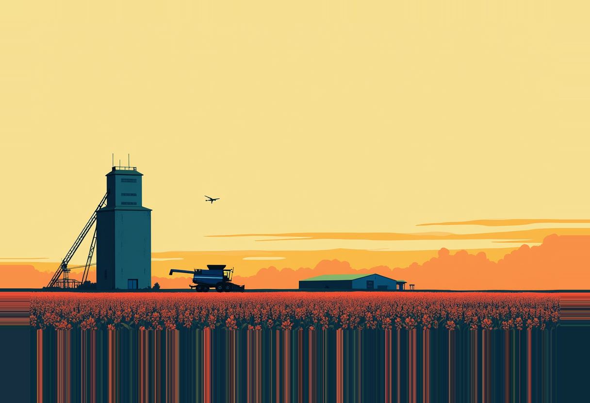 A grain elevator, a combine harvester, a barn, and a small plane in silhouette against an orange sunset sky above a red-orange crop field, with a glitch effect streaking the lower portion.