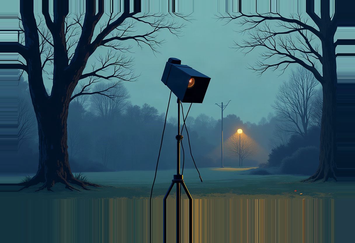 A tripod-mounted surveillance-camera-like box with a glowing orange lens stands in a foggy park at dusk, flanked by bare trees, with a lit streetlamp in the distance.